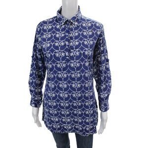 Three Islands Womens Cotton Printed Collar Long Sleeve Tunic Top Blue Size S
